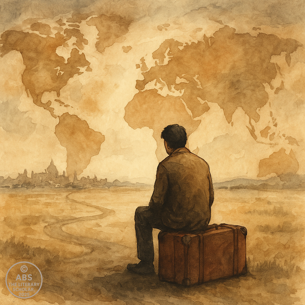 Postcolonialism in Literature, A traditional watercolor illustration depicts a solitary figure at an airport terminal, seated on a suitcase labeled with fading country names, gazing at a map with no borders—symbolizing the trauma of diaspora and the search for identity.