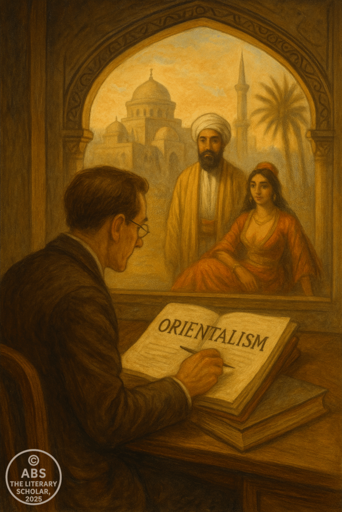 A traditional oil or watercolor painting in a classical European style shows a Western gentleman sketching an exaggerated Eastern scene—camels, turbans, minarets—while the actual Eastern subjects watch in silence from the margins.