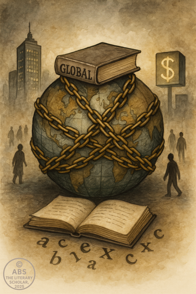 A symbolic watercolor illustration showing modern neocolonialism—an indigenous figure stands beneath glowing global corporate logos, their shadow merging with older colonial emblems etched into the ground.