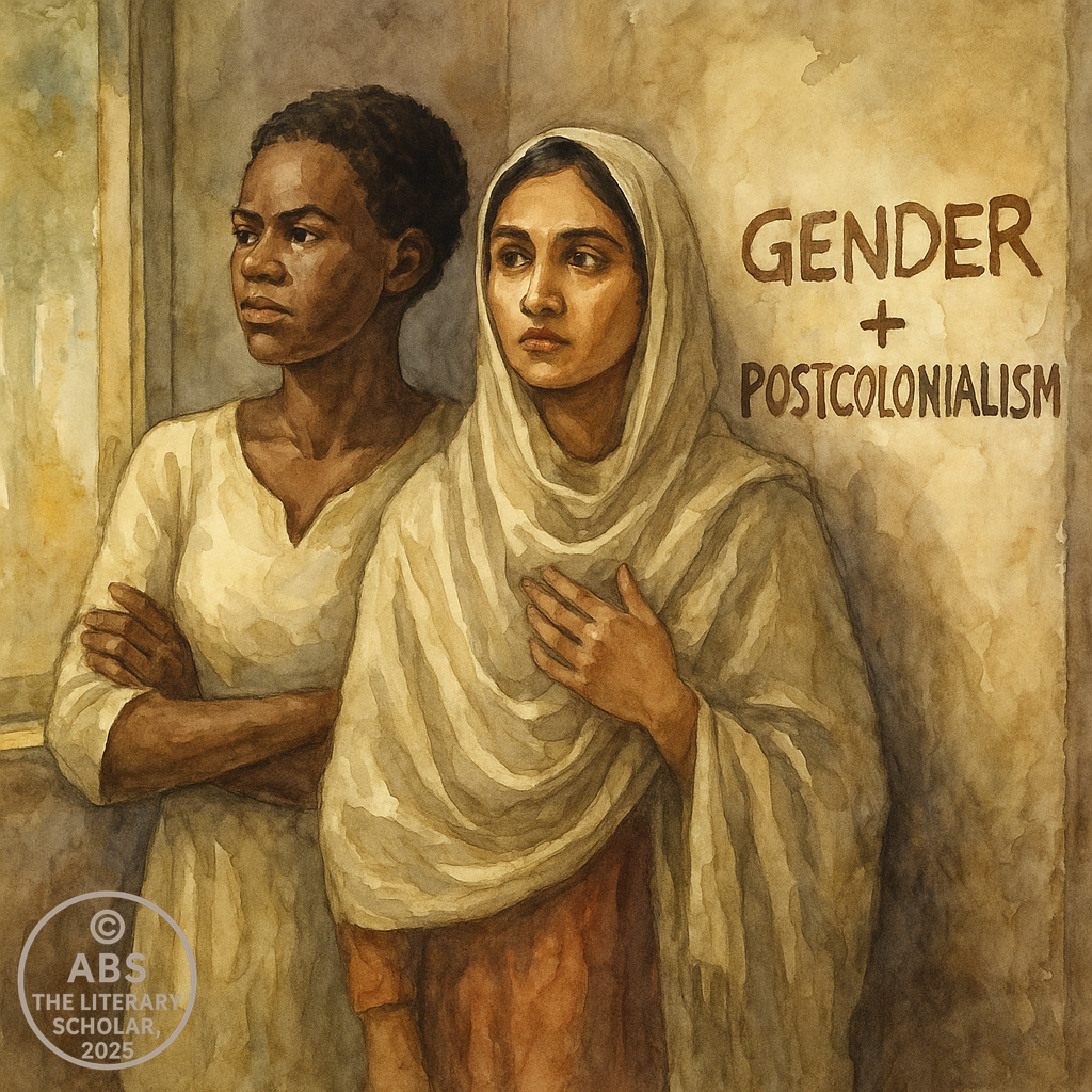 A watercolor painting depicting two women from different postcolonial cultures standing apart yet connected by threads of text and memory, symbolizing gendered marginalization in postcolonial literature.
