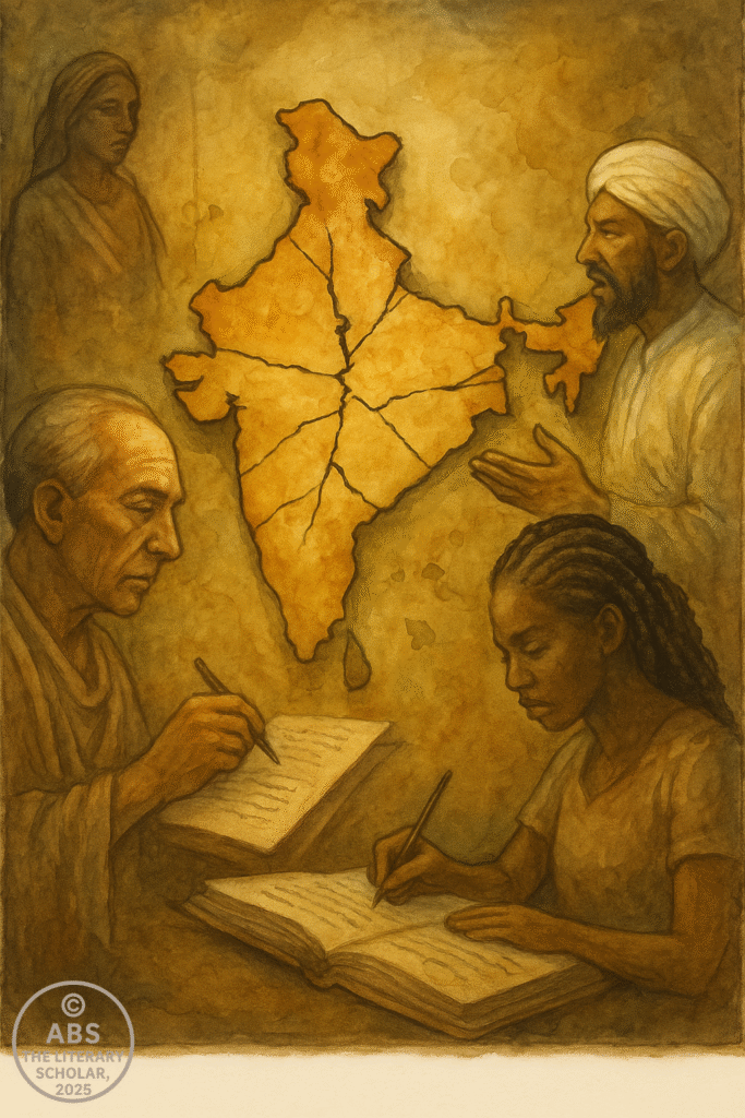 Postcolonialism in Literature, A traditional watercolor painting showing torn pages of history books floating in the air, with fractured maps and shadowy silhouettes of divided communities walking in opposite directions under a dim, hazy sky.
