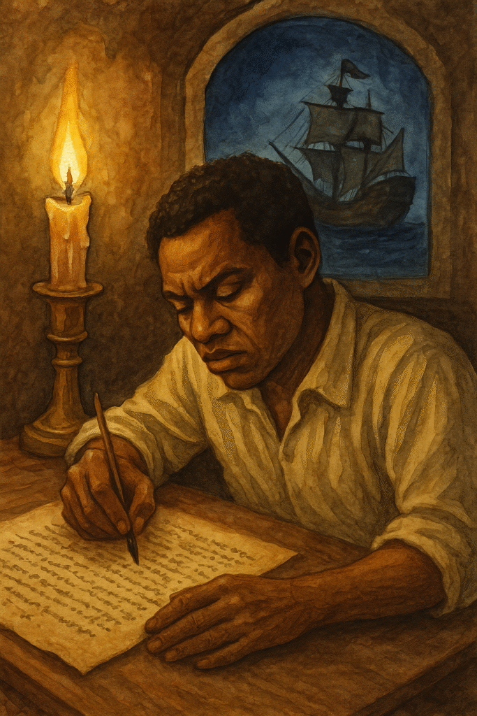 Postcolonialism in Literature, A traditional painting created with ink and watercolor showing a writer seated at a modern desk, pen in hand, rewriting colonial maps into narrative scrolls that unfurl with native faces, lands, and voices.