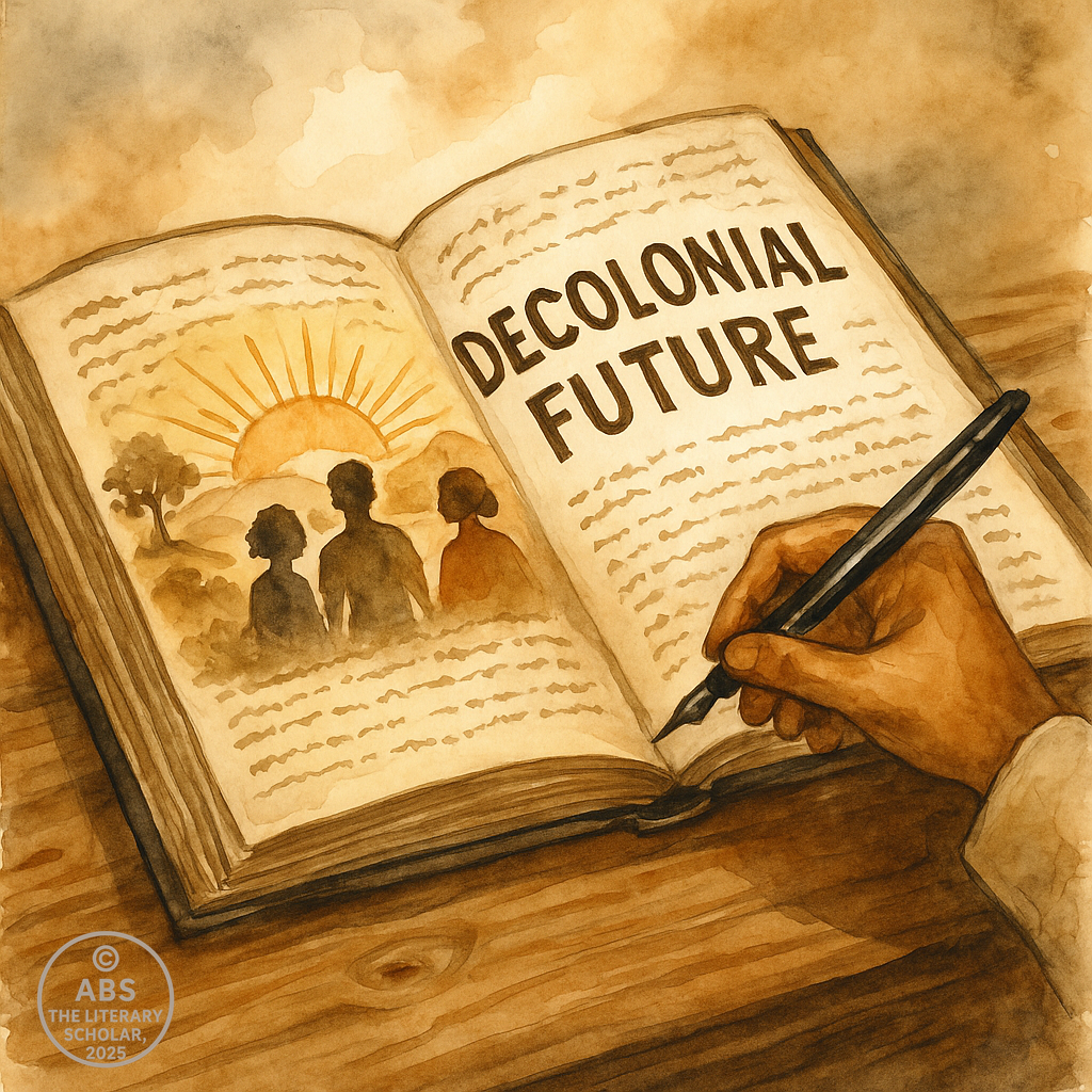 A symbolic watercolor painting of a young figure planting a book into fertile soil as the sun rises behind broken colonial ruins, with vines and leaves growing from the pages—representing hope, literary resistance, and an evolving postcolonial vision.