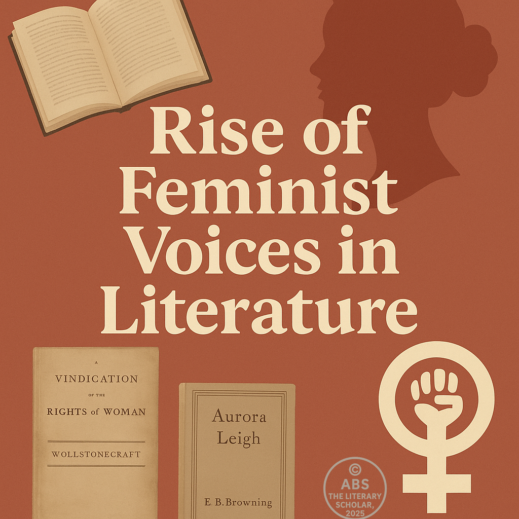 A digital design titled "Rise of Feminist Voices in Literature" with the cover of Aurora Leigh and A Vindication of the Rights of Woman, featuring a silhouetted female profile and the feminist Venus symbol.