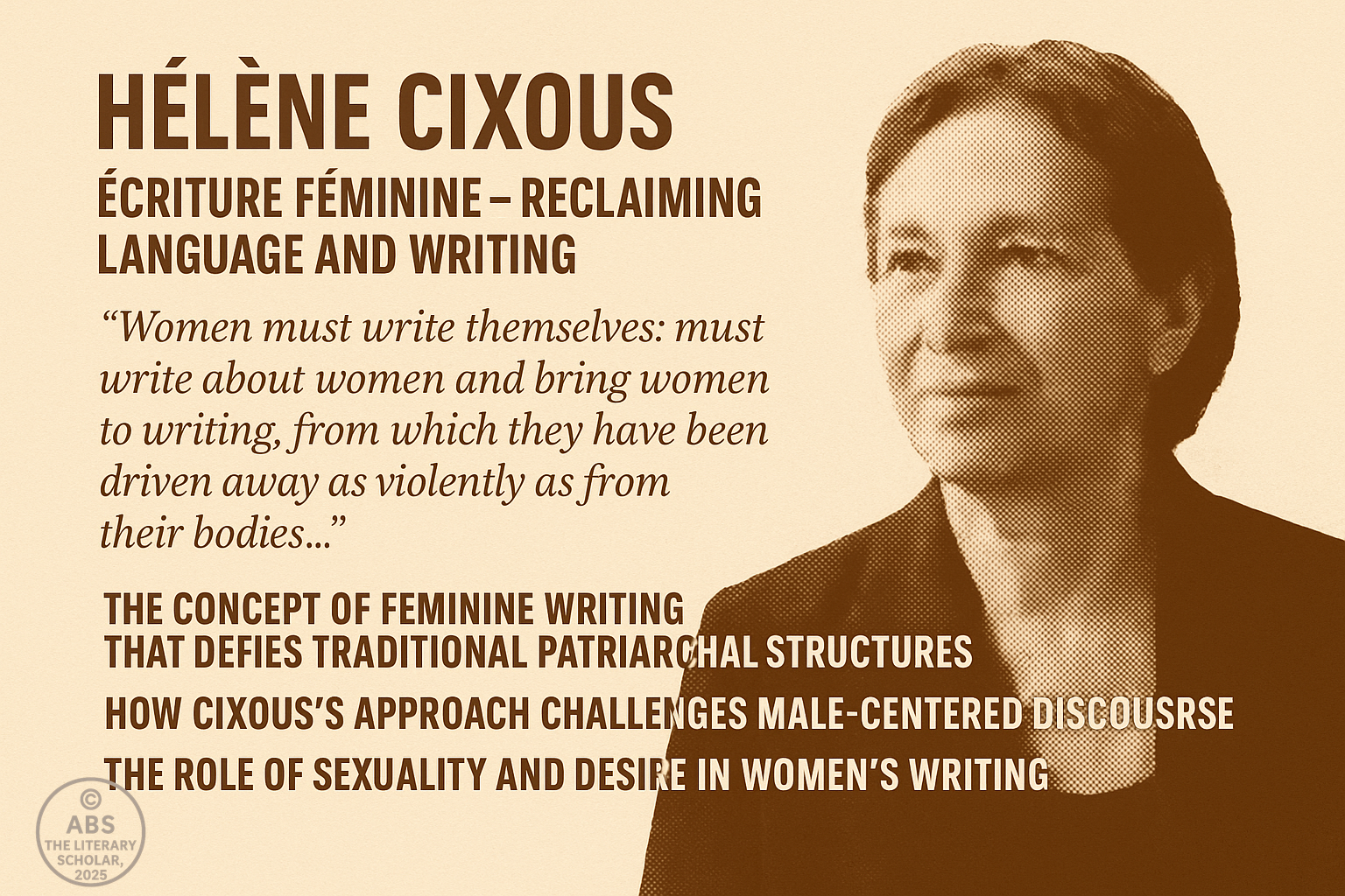 A digital graphic of Hélène Cixous, featuring her portrait alongside her influential quote, "Women must write themselves," and key ideas about feminist writing, including challenging patriarchal structures and embracing sexuality and desire in women’s literature.