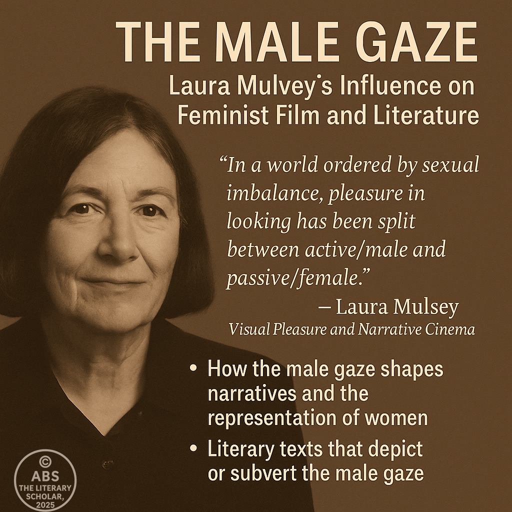 A digital graphic featuring a sepia-toned portrait of Laura Mulvey, accompanied by a quote from Visual Pleasure and Narrative Cinema and key points on her theory of the male gaze and its influence on feminist film and literature.