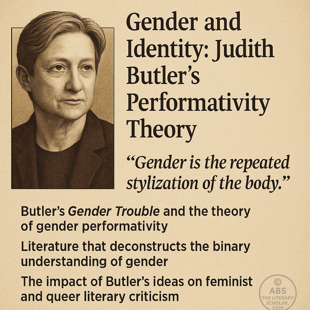 A digital design featuring a portrait of Judith Butler, with her quote, "Gender is the repeated stylization of the body," and key points outlining her theory of gender performativity and its impact on feminist and queer literary criticism.