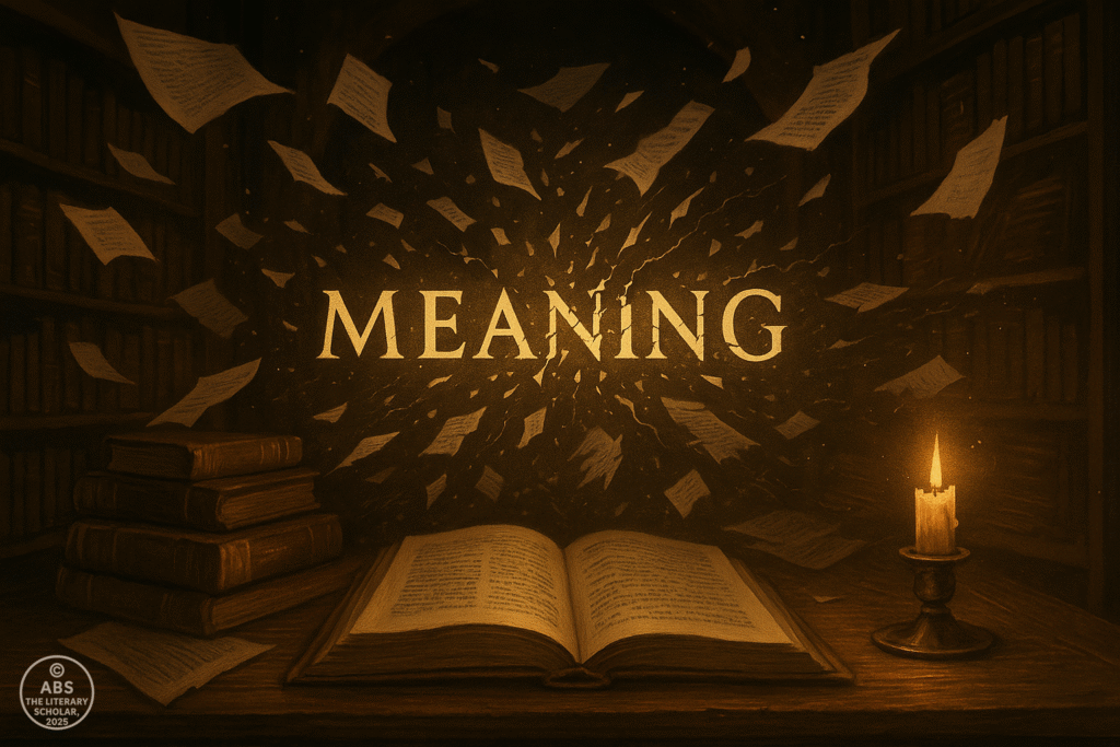 A glowing word “MEANING” shattering midair in a dim vintage library, symbolizing