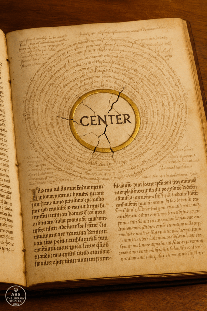 A cracked golden circle labeled “CENTER” on a medieval manuscript, surrounded by spiraling marginalia.
