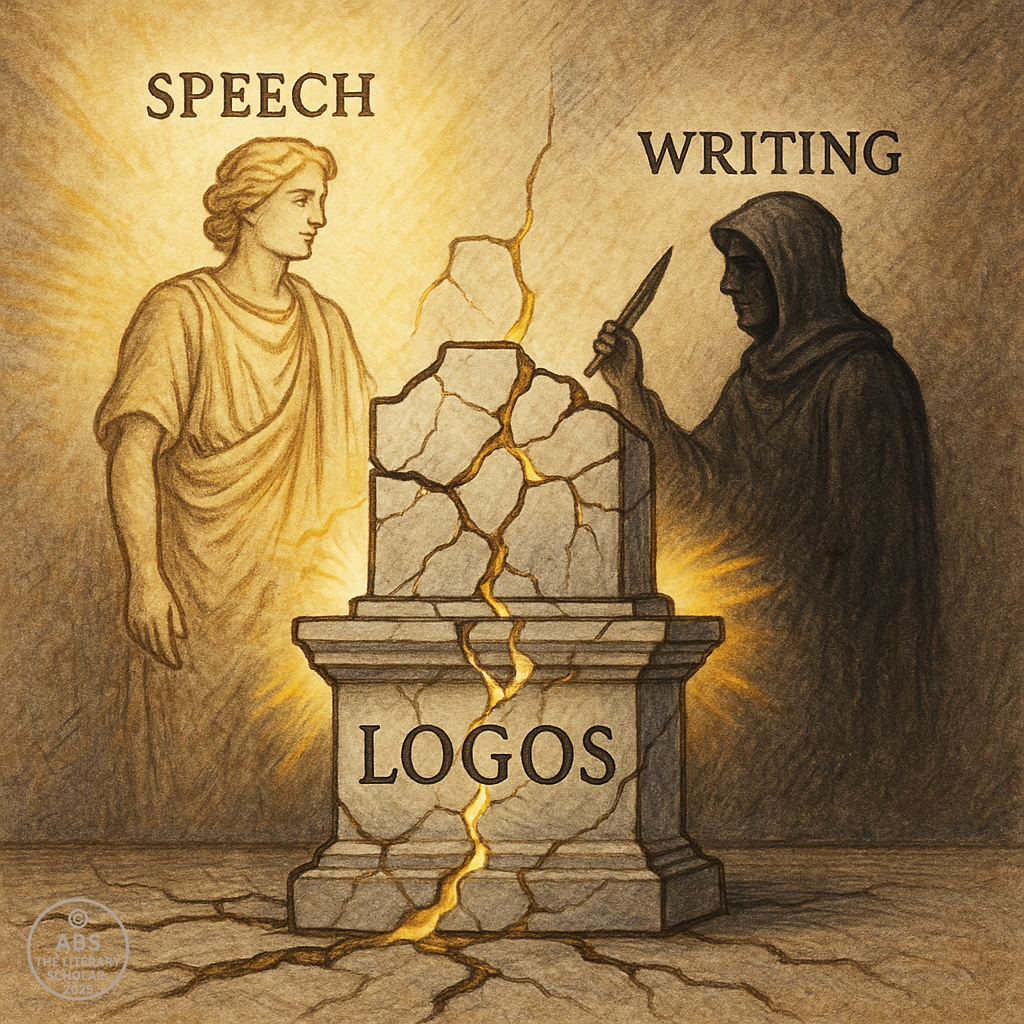 A cracked pedestal labeled “LOGOS” stands between radiant Speech and shadowed Writing figures, symbolizing deconstruction