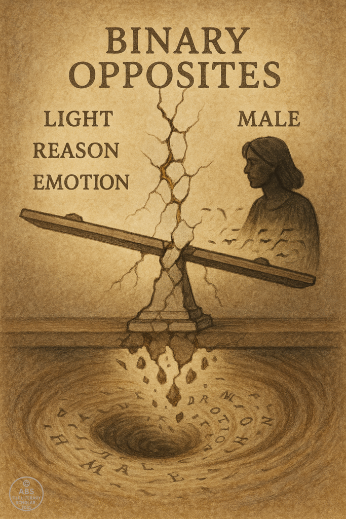 A cracked scale balancing binary pairs like light/dark and reason/emotion, collapsing into a text-filled whirlpool.
