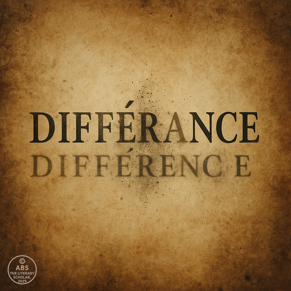 The word “différance” dissolving into particles above a blurred “différence” on parchment, symbolizing deferred meaning in deconstruction in literature.