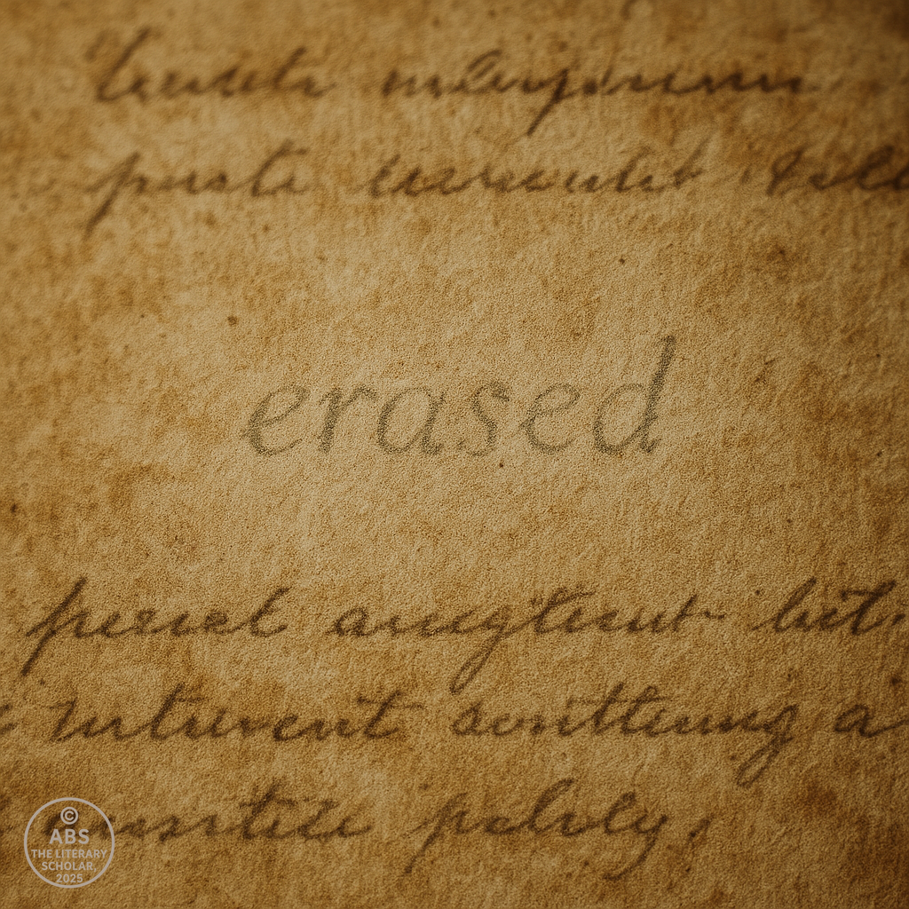 The faded word “erased” on aged parchment surrounded by blurred handwriting, symbolizing absence in deconstruction in literature.