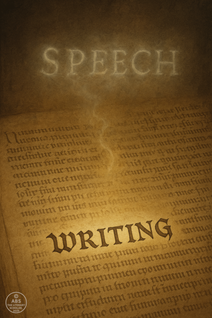 The word “SPEECH” fading above, while “WRITING” glows boldly on a manuscript—capturing Derrida’s reversal in deconstruction in literature.