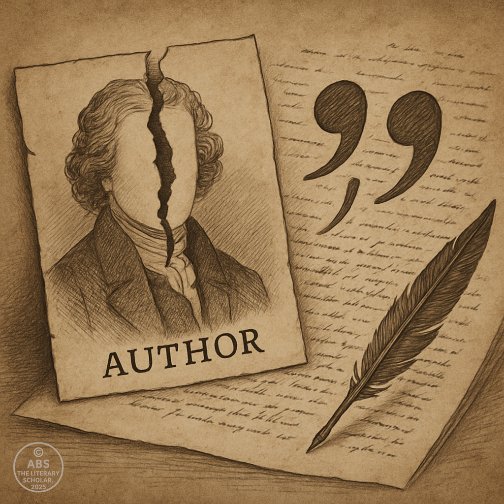 A torn portrait labeled “Author,” beside a quill and quotation marks, symbolizing loss of authorial control in deconstruction in literature.