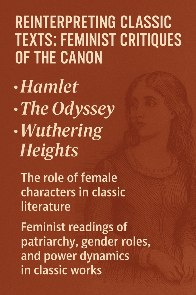 A digital design showcasing feminist critiques of classic texts like Hamlet, The Odyssey, and Wuthering Heights, emphasizing how feminist readings subvert traditional patriarchal narratives and offer new perspectives on female characters.