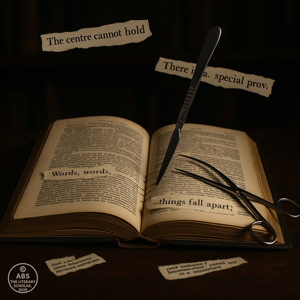 An open book dissected with surgical tools, with literary fragments like “things fall apart” and “words, words” floating around—symbolizing