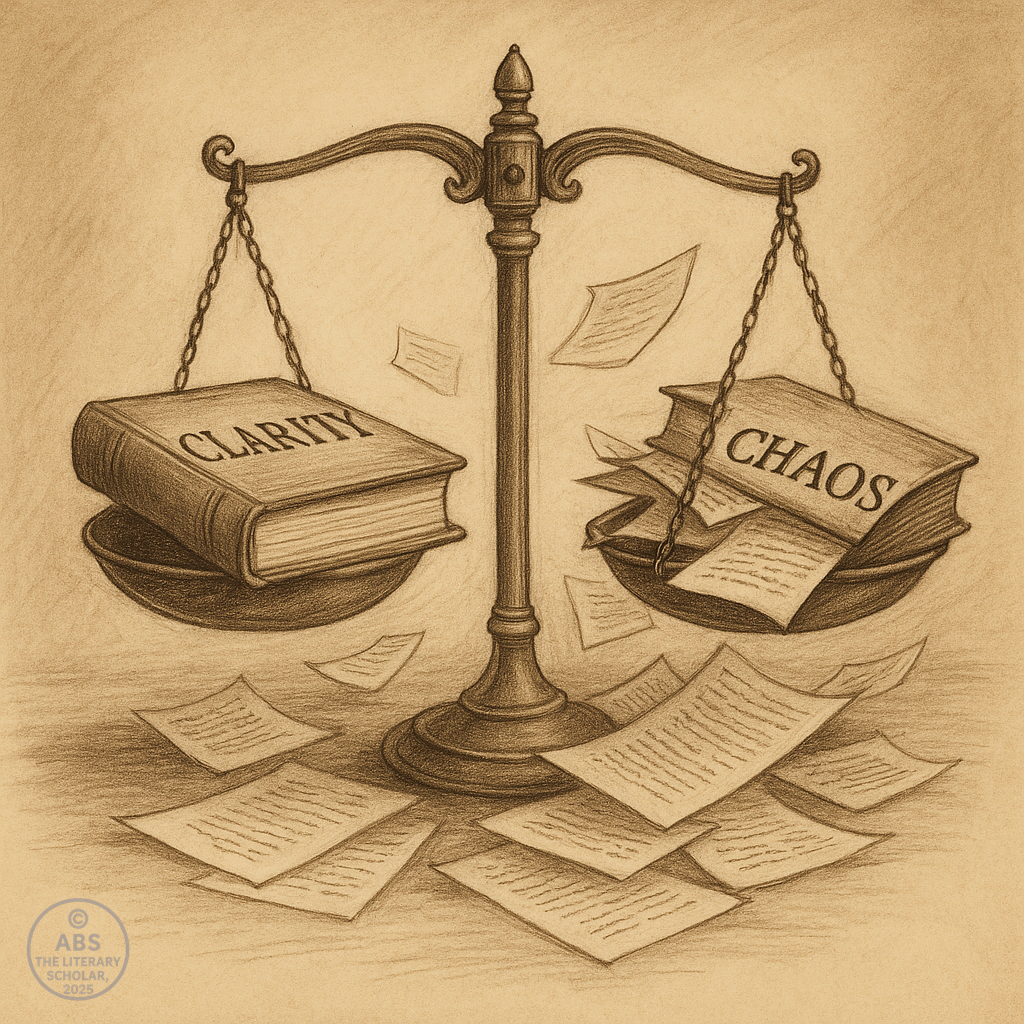 A balance scale holding books labeled “Clarity” and “Chaos,” with scattered pages, symbolizing criticism of