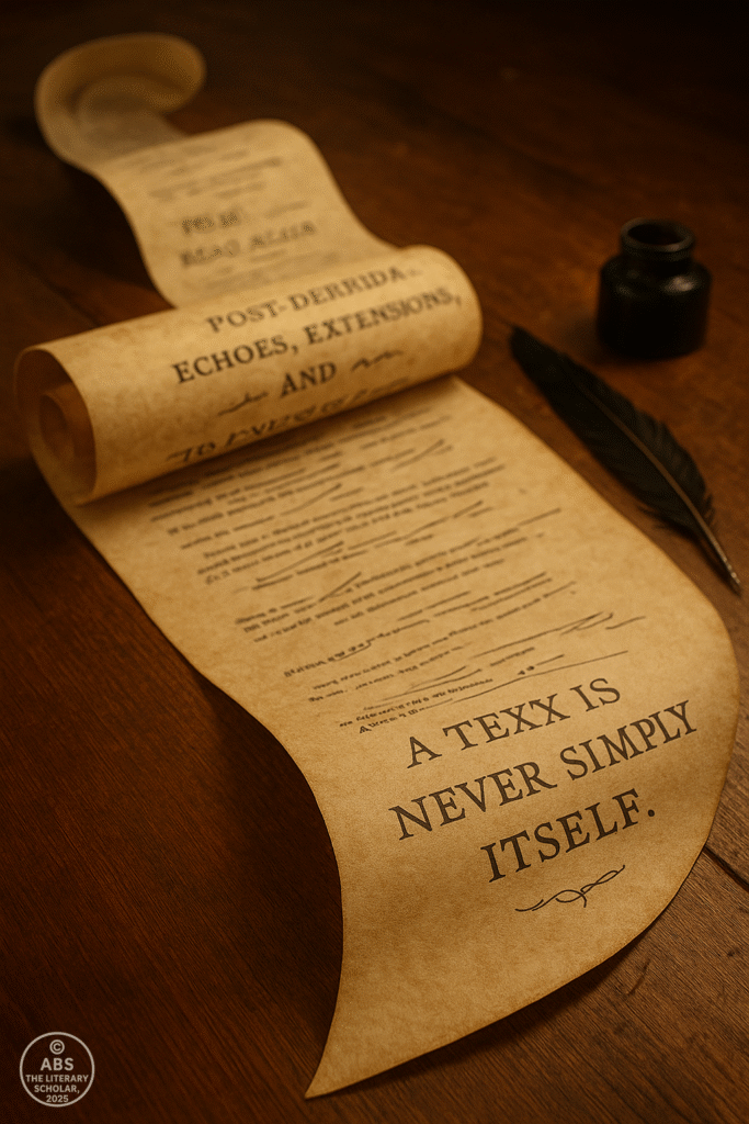An ancient scroll unrolling endlessly across a wooden desk, covered in text fragments and philosophical quotes—symbolizing the infinite journey of deconstruction in literature.