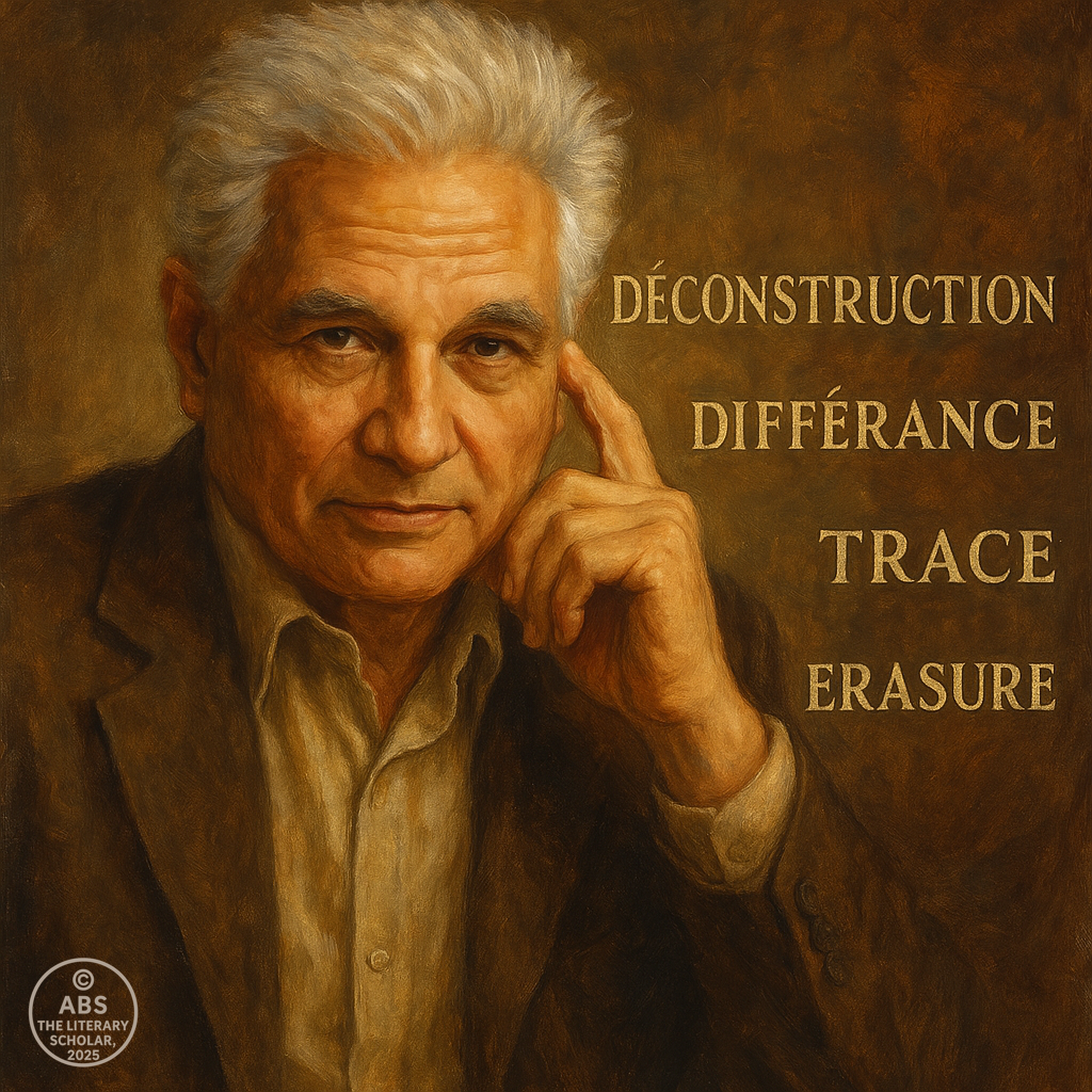 A realistic oil painting of Jacques Derrida seated beside a desk layered with texts, fragmented scrolls, and symbolic illustrations of différance, trace, and binary collapse—representing his role in founding deconstruction in literature.