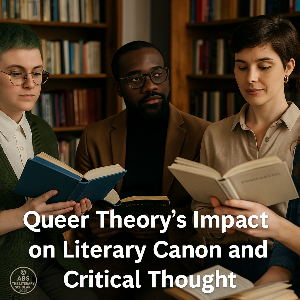 A photograph depicting four individuals in a bookstore, engaged in a conversation about literature, symbolizing the impact of queer theory on literary analysis and the re-evaluation of classic works. The individuals represent diverse gender identities and sexual orientations, reflecting the inclusion and fluidity that queer theory brings to literary criticism.