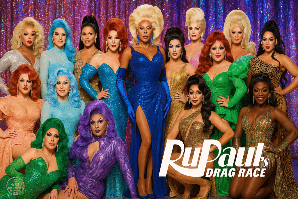 A vibrant and colorful promotional photograph representing the television series RuPaul's Drag Race. The image captures the energy, diversity, and creativity of drag culture, showcasing performers in bold, extravagant outfits and striking poses, celebrating queer identities and self-expression.