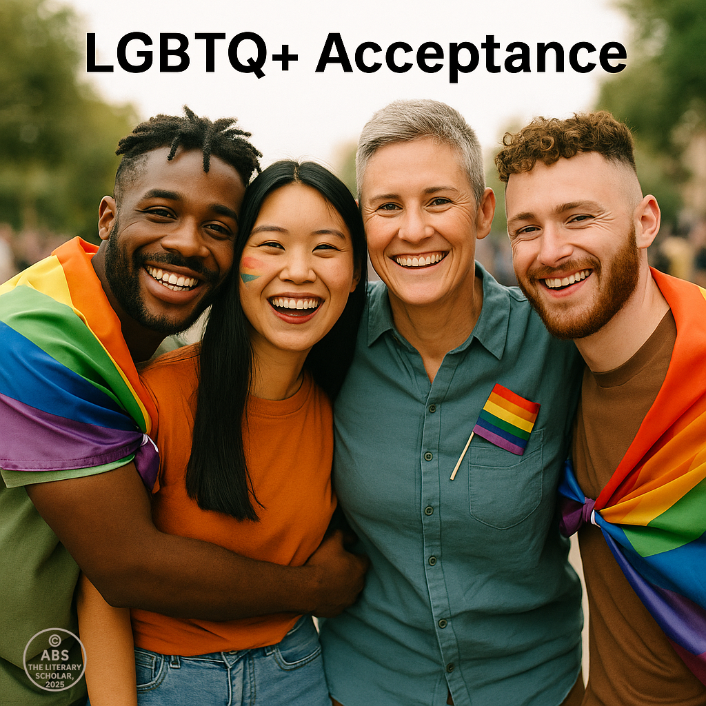 A photograph showing four diverse individuals standing together, each representing different aspects of LGBTQ+ identities. The image reflects the theme of acceptance, with individuals from various cultural backgrounds coming together in a show of solidarity and inclusion.