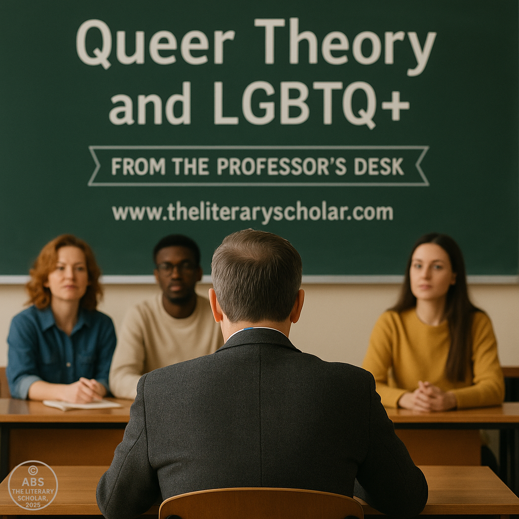 A realistic classroom scene showing a professor at the front of the room, with their back to the board. The classroom is set for a lecture on Queer Theory and LGBTQ+ representation, with students visible in the background. The board displays the title "Queer Theory and LGBTQ+" with the website www.theliteraryscholar.com. The professor's desk is visible, emphasizing the educational environment.
