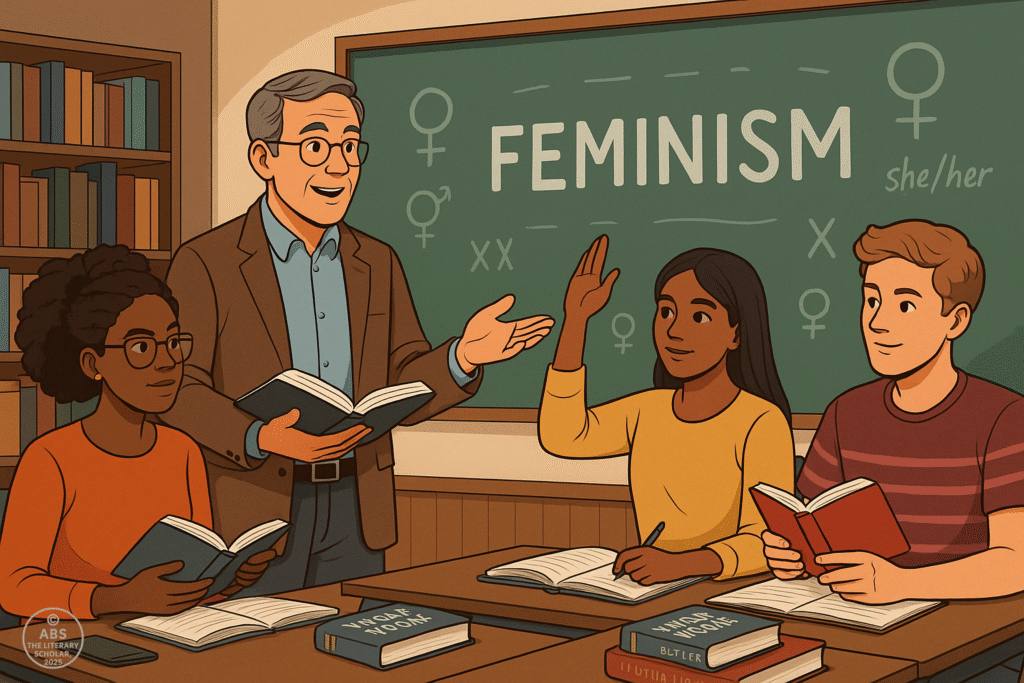 A digital illustration of a classroom setting where a professor (ABS) stands at the front, holding a book and engaging with students who are seated at desks with books and notebooks. The room features bookshelves, with a mix of classic literature and feminist texts, symbolizing the intersection of traditional and contemporary thought.