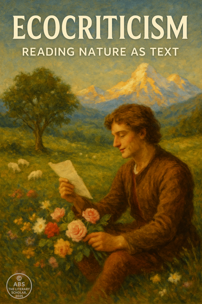 A romantic-era poet sits in a sunlit meadow holding a letter and a bouquet of roses, surrounded by sheep, wildflowers, and mountains—symbolizing nature as the soul of literature.
