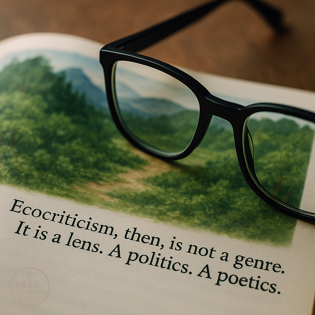 A pair of black-rimmed eyeglasses rests on an open book displaying a lush green landscape, symbolizing ecocriticism as a lens through which literature views the environment.