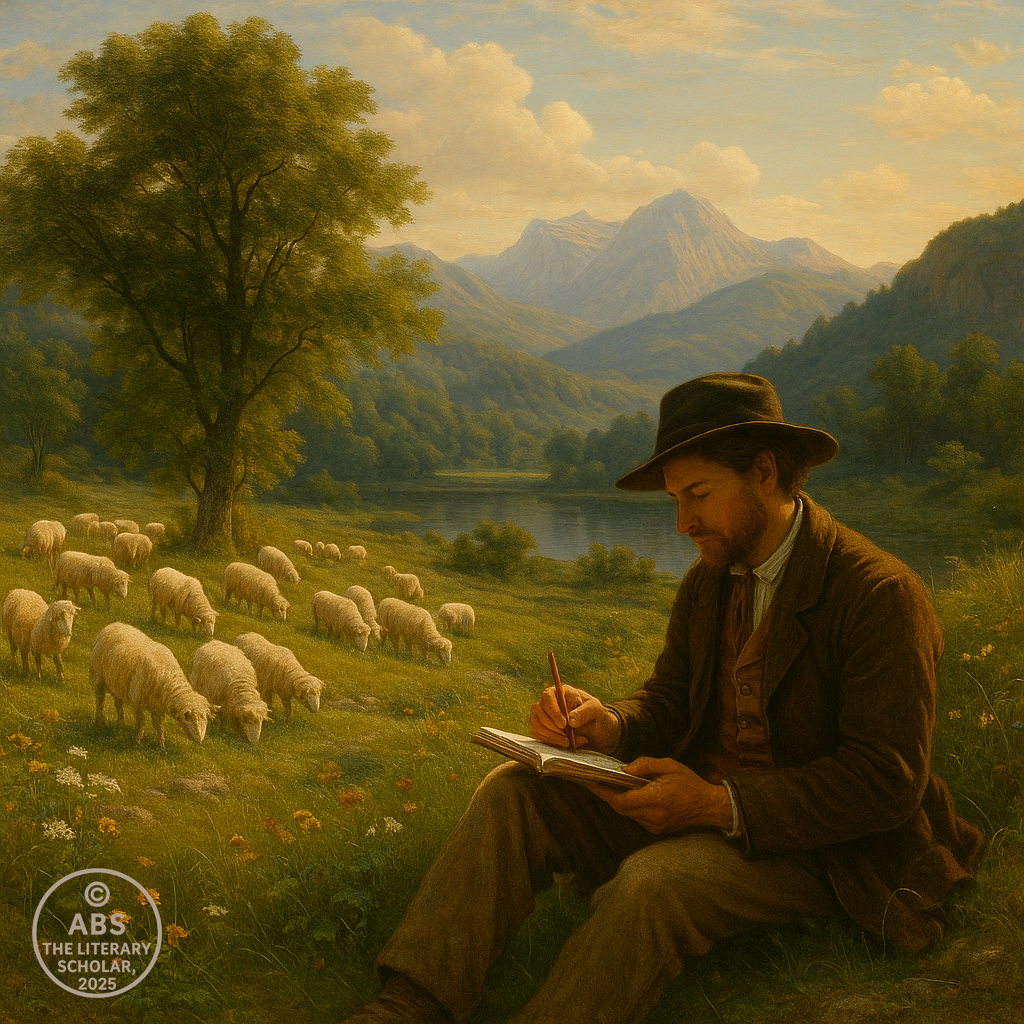 A 19th-century shepherd sits in a lush green valley writing in a notebook, surrounded by grazing sheep, wildflowers, a calm river, and distant mountains—symbolizing the deep bond between literature and landscape.