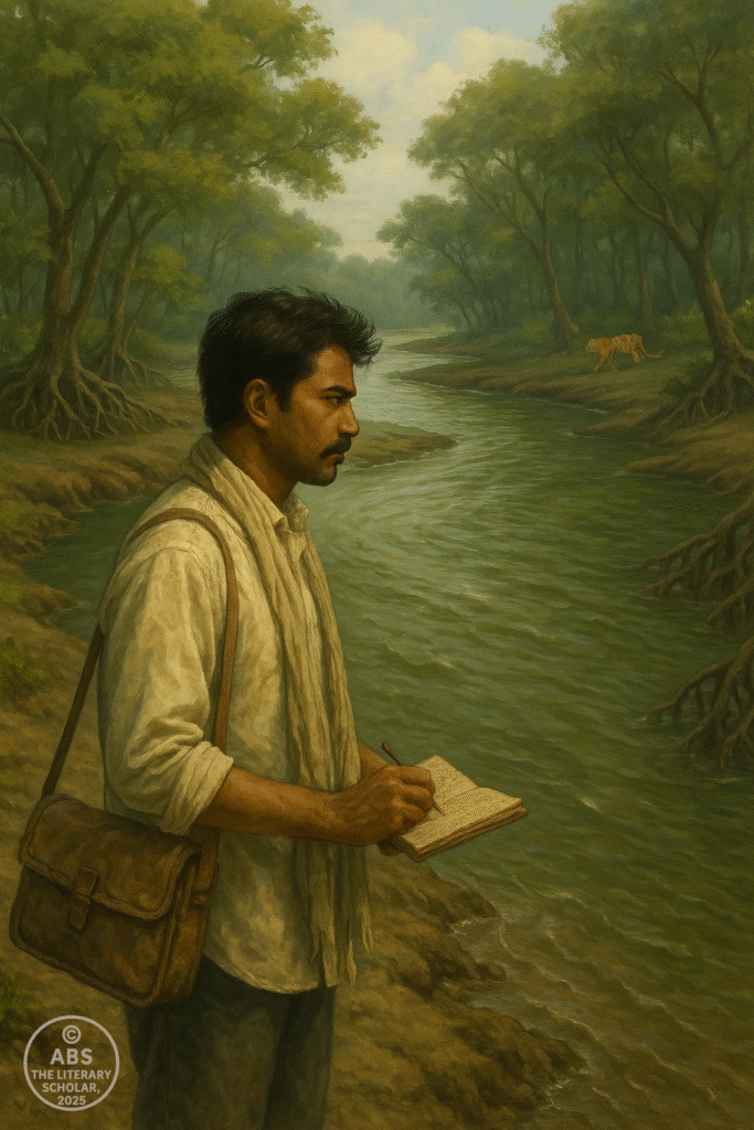 A man stands on the muddy banks of a mangrove river, writing in a notebook with a leather satchel slung over his shoulder, surrounded by dense green forest while a Bengal tiger appears faintly in the distance.