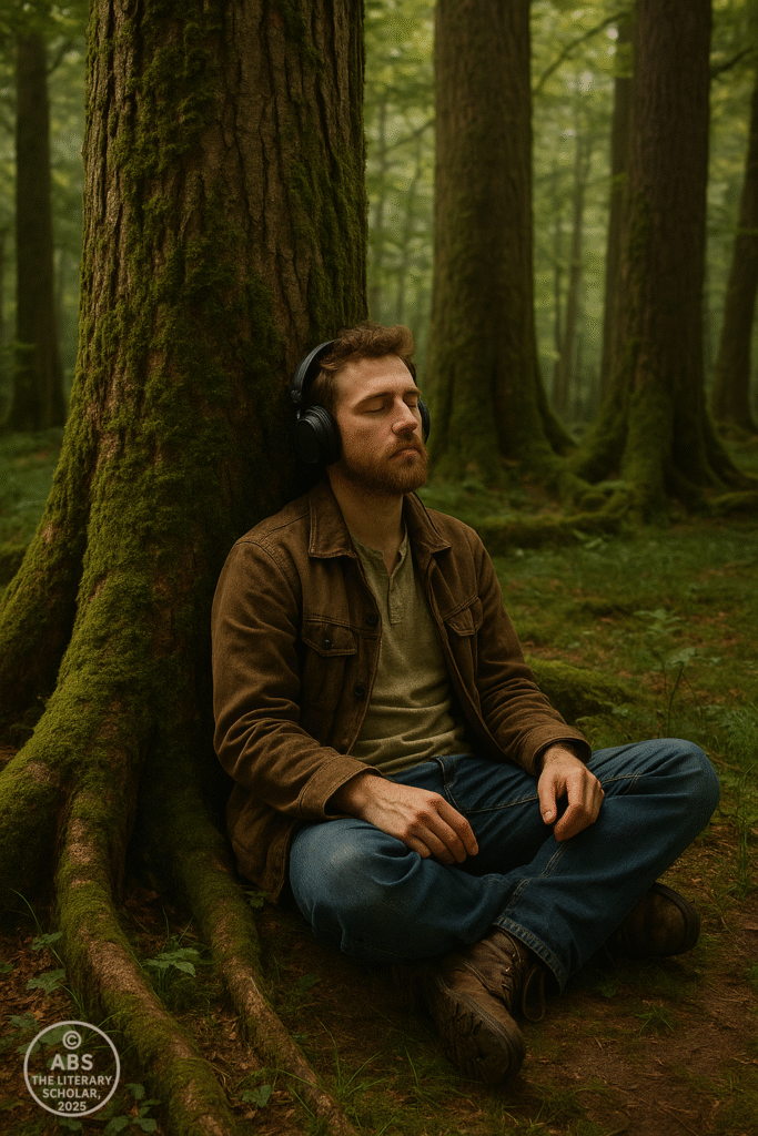 eco-criticism in literature, A man sits cross-legged in a mossy forest, leaning against an ancient tree with headphones on and eyes closed, symbolizing a deep, meditative attempt to listen to the voice of nature. Caption: To hear the forest, one must first fall silent.