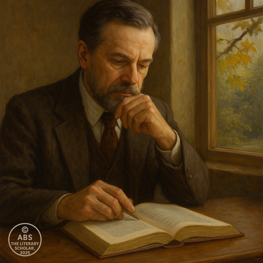 eco-criticism in literature, A thoughtful older man in a brown suit sits at a wooden desk, resting his chin on his hand while reading a large open book, with golden autumn leaves visible through the nearby window—capturing a moment of scholarly contemplation.
