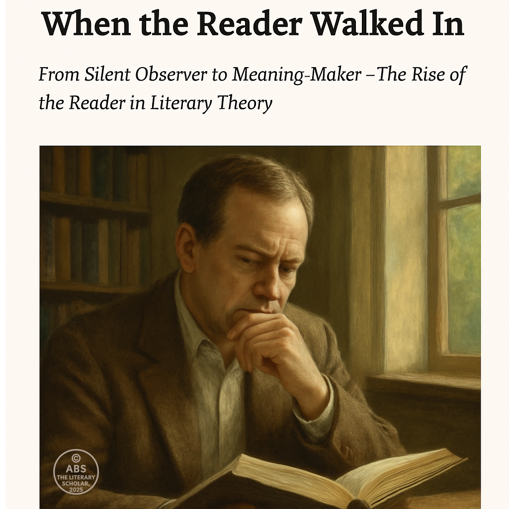 A thoughtful man in a brown tweed jacket sits by a window in a sunlit library, reading a thick book with a pensive expression, symbolizing the rise of the reader in literary theory.