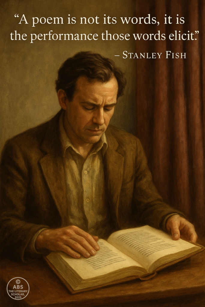 A traditional-style painting of a lone reader seated at a wooden desk, absorbed in reading a book, while glowing lines of poetry rise and swirl into the air around them, symbolizing the performance of meaning.
