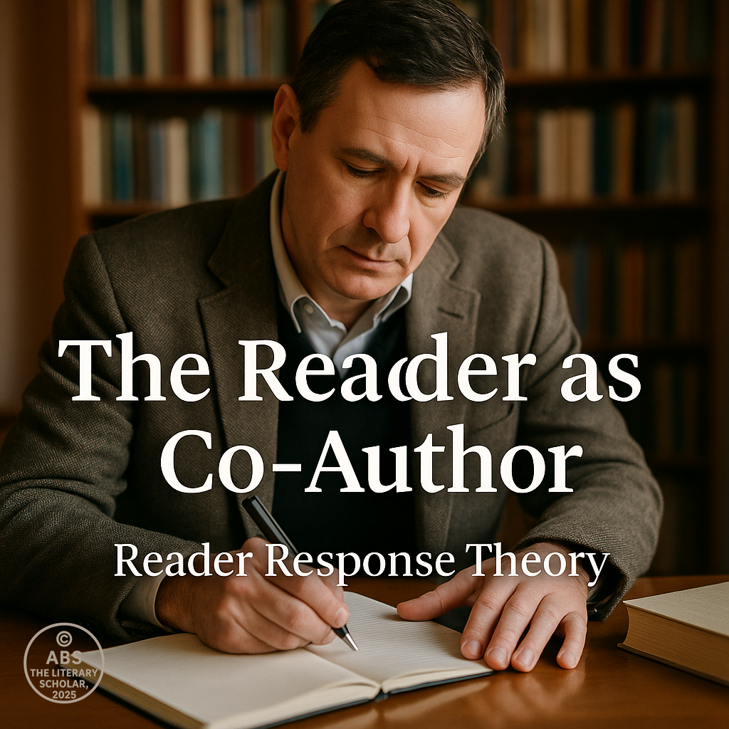A realistic photograph of a middle-aged man seated at a wooden table with an open book in front of him, a pen in hand, and thoughtful expression on his face, as the words “The Reader as Co-Author – Reader Response Theory” appear subtly on the upper left.