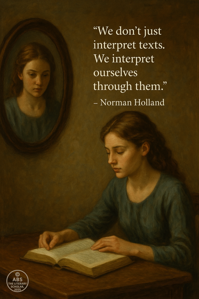 A digital image features a reflective figure seated before an open book, with a semi-transparent mirror behind them showing their thoughtful gaze. The quote “We don’t just interpret texts. We interpret ourselves through them.” by Norman Holland floats above, blending into the background of books and layered reflections.
