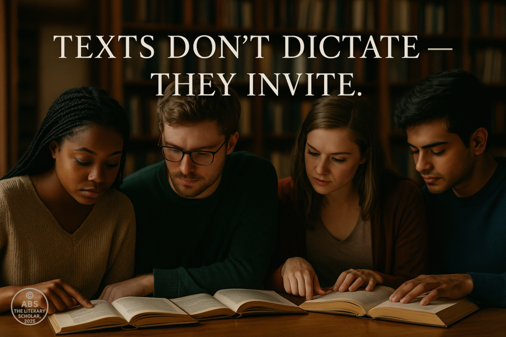 A realistic photograph of four college students seated around a table, each with different books, pens, and laptops, engaged in animated discussion and note-taking—capturing the energy of diverse interpretations.