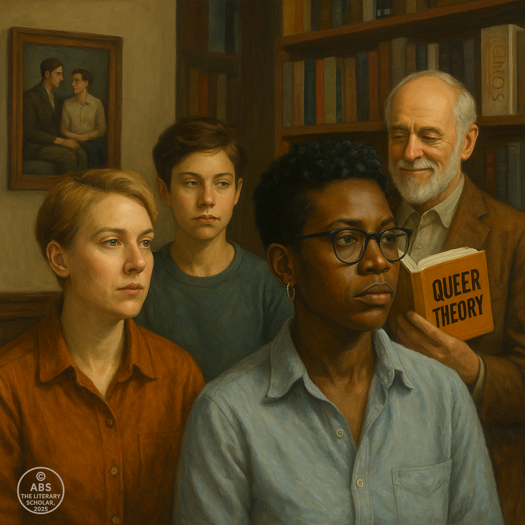 A realistic digital painting illustrating the concept of Queer Theory in Literature, featuring abstract representations of queer identities, gender fluidity, and literary elements from classic and modern queer narratives. The image evokes the evolution of LGBTQ+ representation in literature.