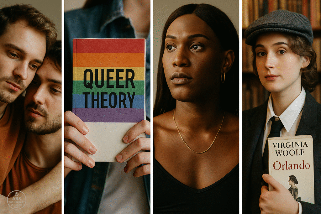 A collage of four realistic photographic portraits representing the evolution of LGBTQ+ identities in literature and culture. The image captures the diversity of queer identities, with a blend of historical, literary, and cultural elements related to queer theory and gender fluidity.