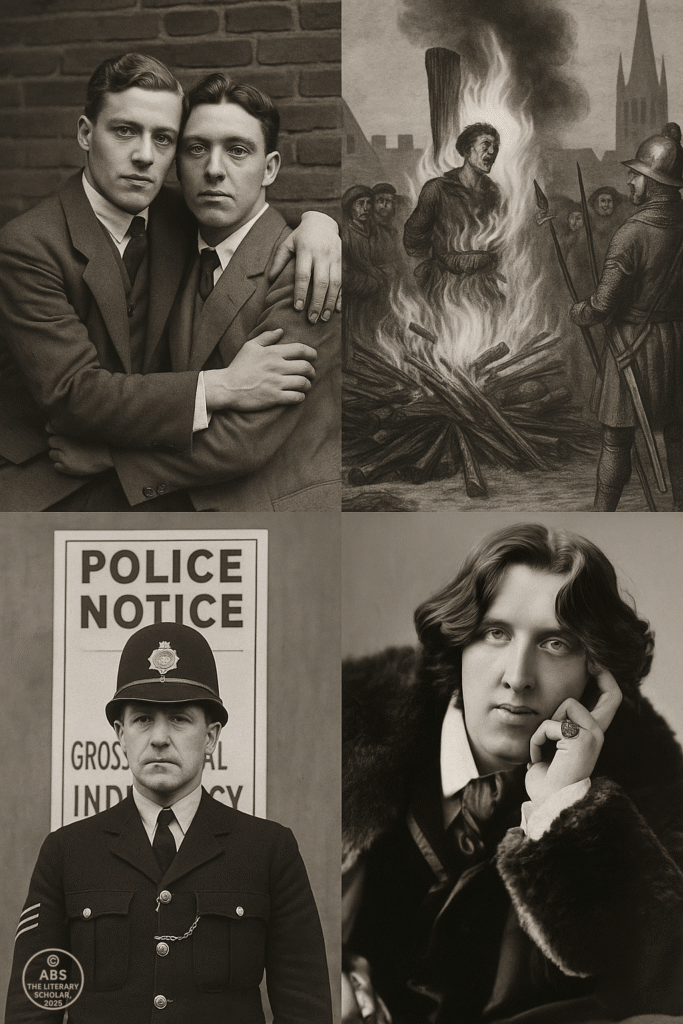 A composite photograph depicting the historical suppression of LGBTQ+ identities, featuring black-and-white images of historical figures, legal documents, and societal repression. The image captures moments of cultural erasure, legal suppression, and marginalization of LGBTQ+ individuals through history.