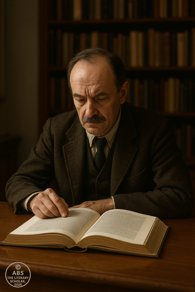 An older male scholar standing in a dimly lit study, surrounded by books and multiple open notebooks, symbolizing the presence of many voices in thought—Bakhtinian dialogism in action.