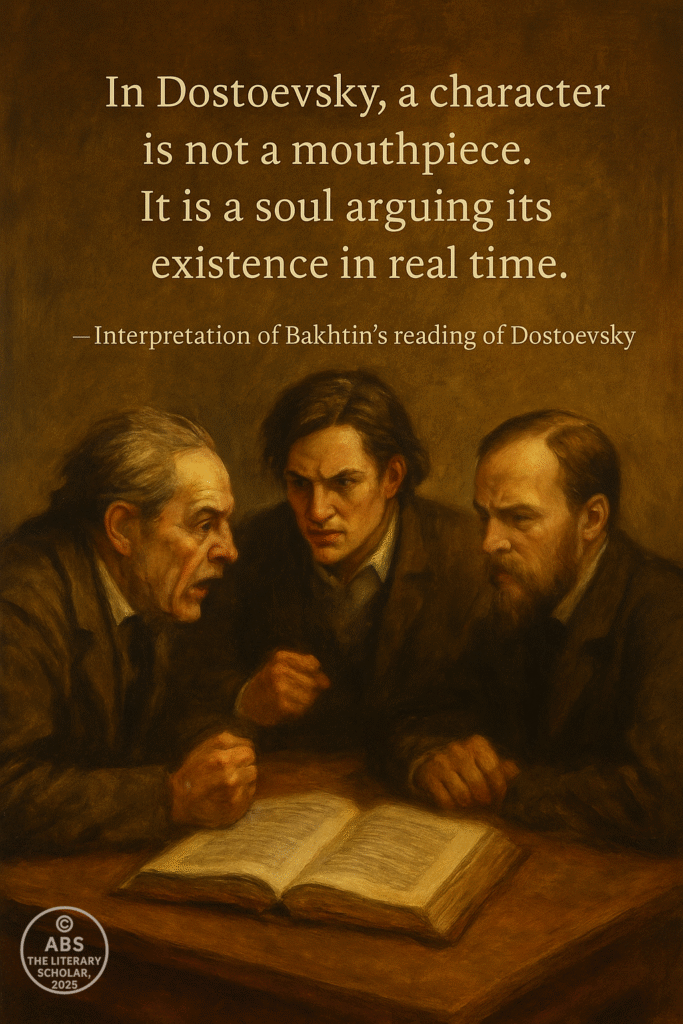 A traditional oil painting of a fictional character stepping out of a novel, facing the author in defiance, symbolizing dialogism in literature and Bakhtin’s idea of independent character voices.