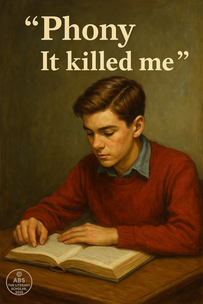 A realistic portrait of a sharp, sarcastic teenage boy resembling Holden Caulfield, wearing a red hunting cap, leaning against a city wall with graffiti phrases like “phony” and “it killed me” subtly etched behind him—symbolizing heteroglossia in literature.