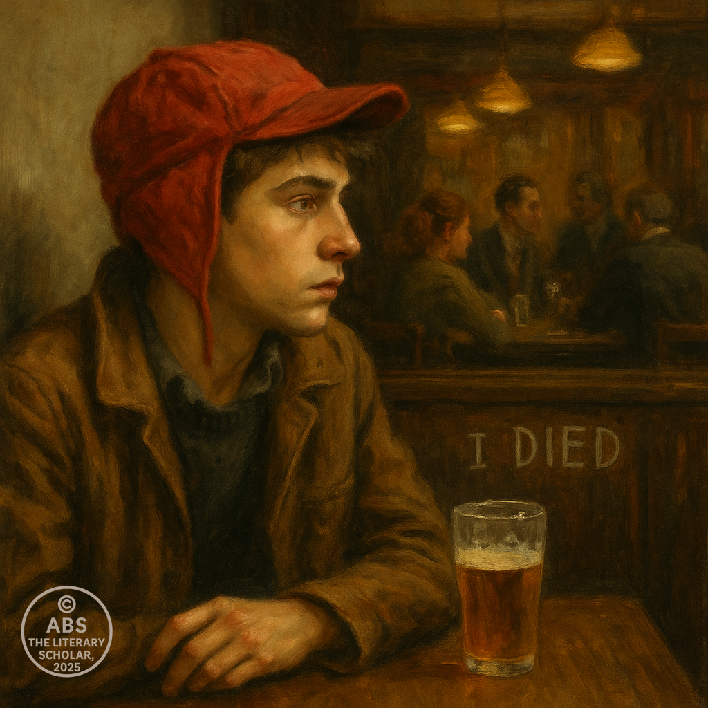 A realistic oil painting depicting a teenage boy in a 1950s-style pub, observing people with detached amusement and curiosity. This visual represents the concept of Dialogism in Literature, showing the internal monologue and external social discourse embodied in characters like Holden Caulfield from The Catcher in the Rye.