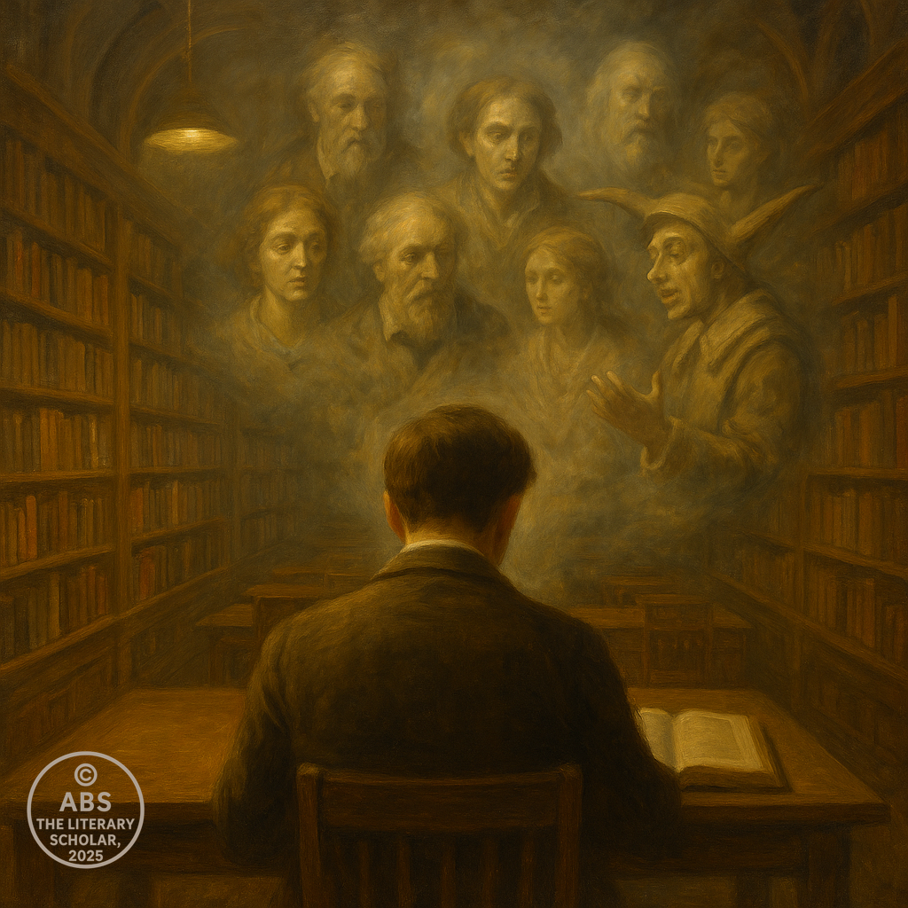 A realistic oil painting showing a lone reader in a vast, dimly lit library, surrounded by ghostly figures of authors, characters, and narrators — symbolizing dialogism in literature.