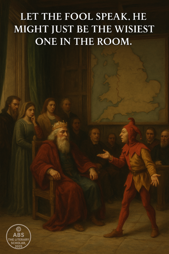 A traditional oil painting-style illustration depicts King Lear seated on a grand throne, his daughters—Goneril, Regan, and Cordelia—standing in formal courtly attire. The Fool stands animatedly in front of the royal assembly, gesturing mid-speech. Behind them, a faded map of England overlays the courtroom walls, symbolizing power, division, and the voice of truth amidst royal discourse.