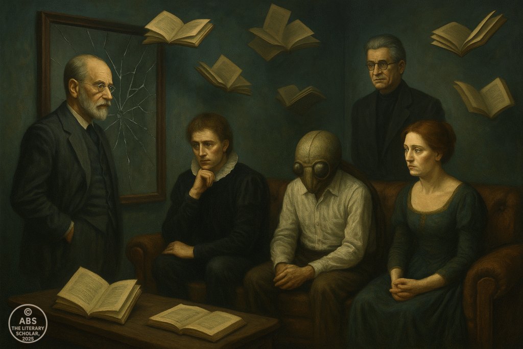 A surreal oil painting showing Freud, Lacan, Hamlet, Gregor Samsa, and Lady Macbeth in a dim, dreamlike therapy setting with floating books and a cracked mirror.